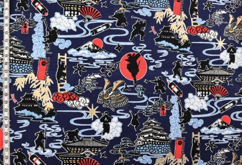 Japanese ninja manga fabric with blue background