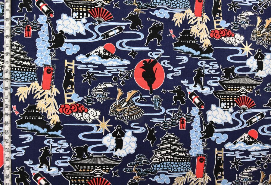 Japanese ninja manga fabric with blue background