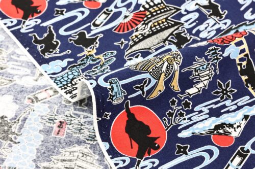 Japanese ninja manga fabric with blue background