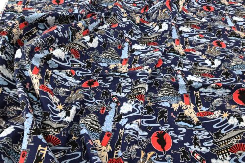Japanese ninja manga fabric with blue background