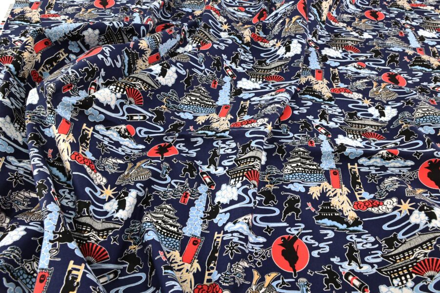 Japanese ninja manga fabric with blue background