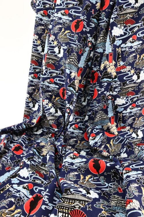 Japanese ninja manga fabric with blue background