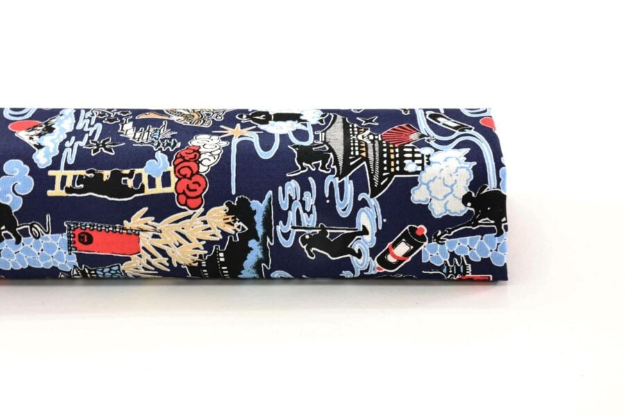 Japanese ninja manga fabric with blue background