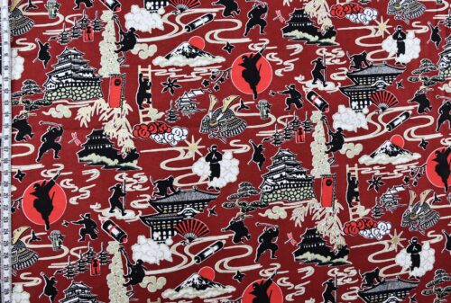 Japanese ninja manga fabric with red background