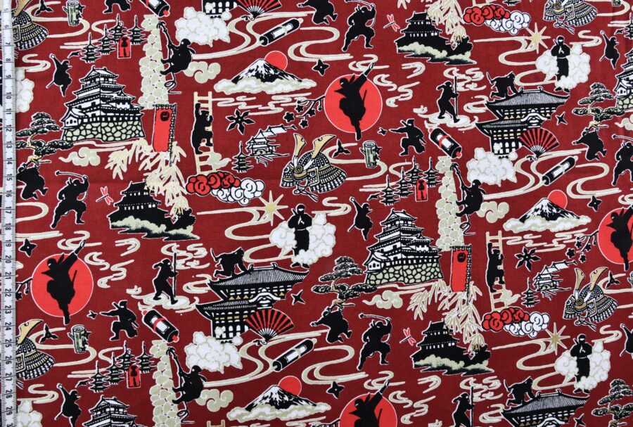 Japanese ninja manga fabric with red background