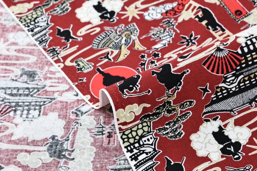 Japanese ninja manga fabric with red background
