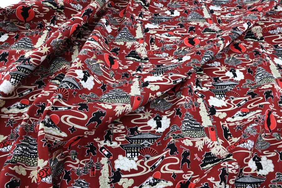 Japanese ninja manga fabric with red background