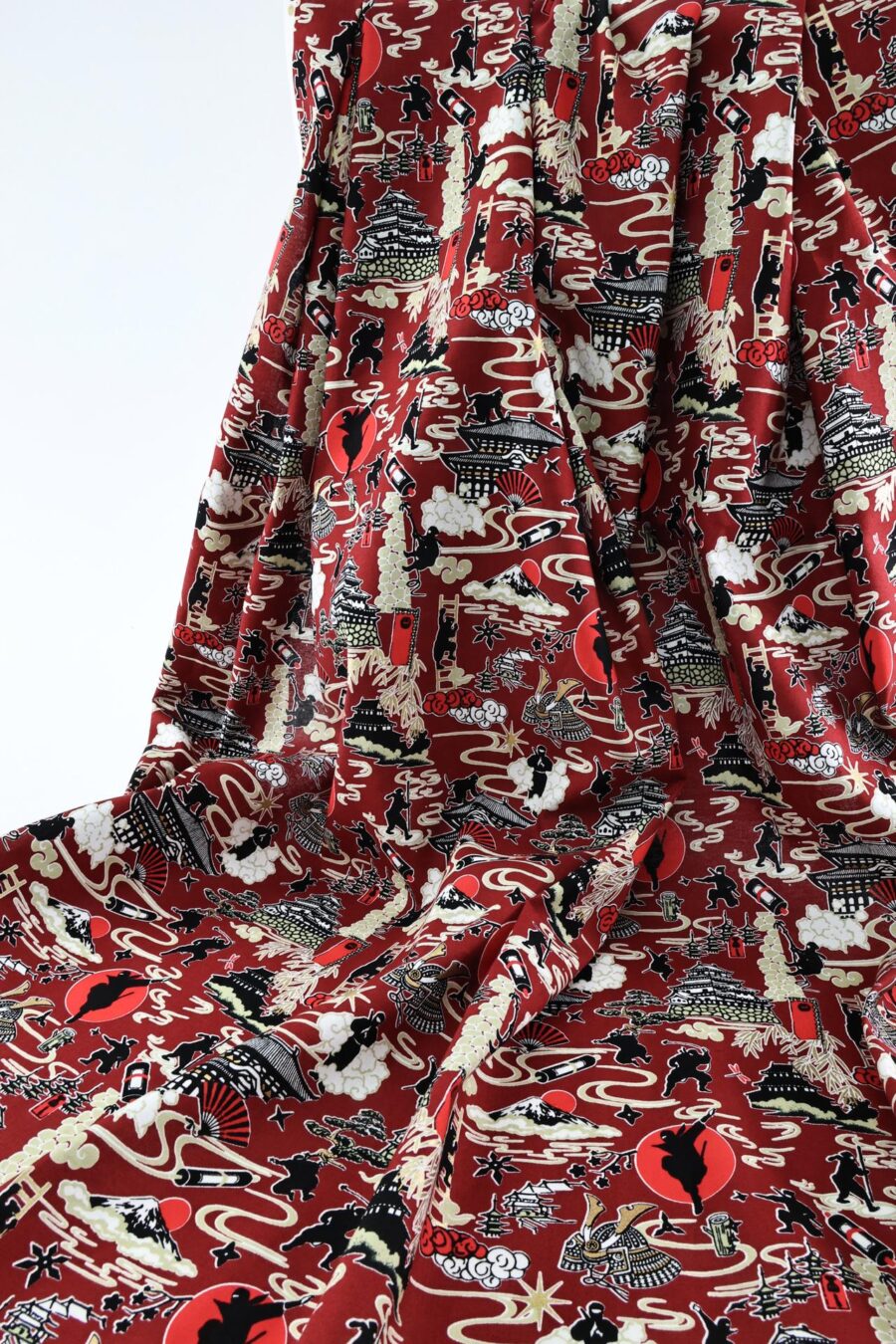 Japanese ninja manga fabric with red background