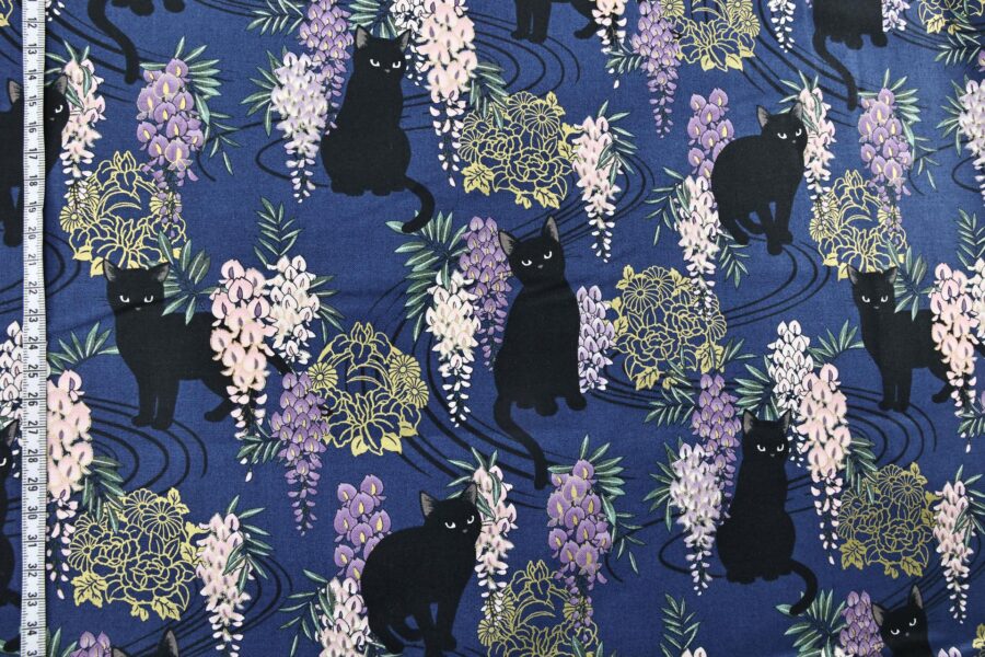 Black cat and Fuji flower fabric blue background