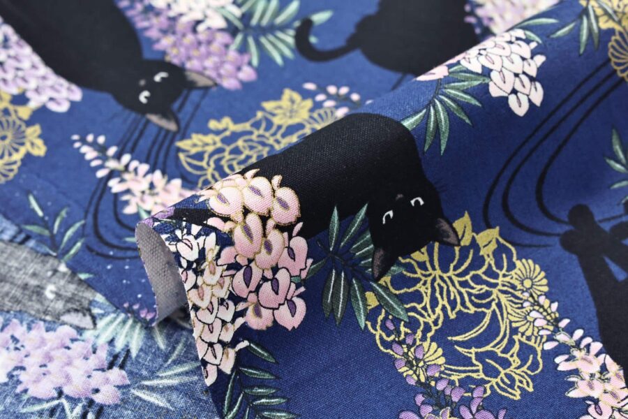 Black cat and Fuji flower fabric blue background