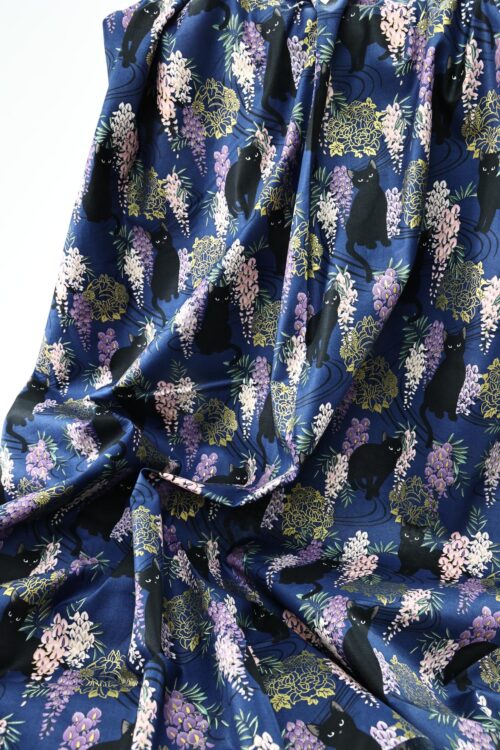 Black cat and Fuji flower fabric blue background