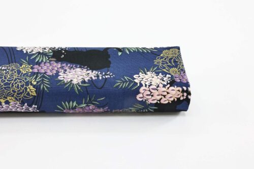 Black cat and Fuji flower fabric blue background