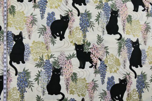 Black cat and Fuji flower fabric ivory background
