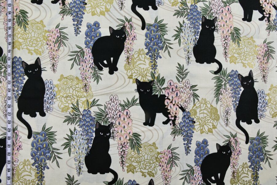 Black cat and Fuji flower fabric ivory background