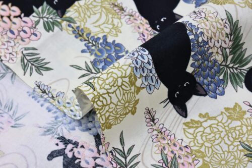 Black cat and Fuji flower fabric ivory background