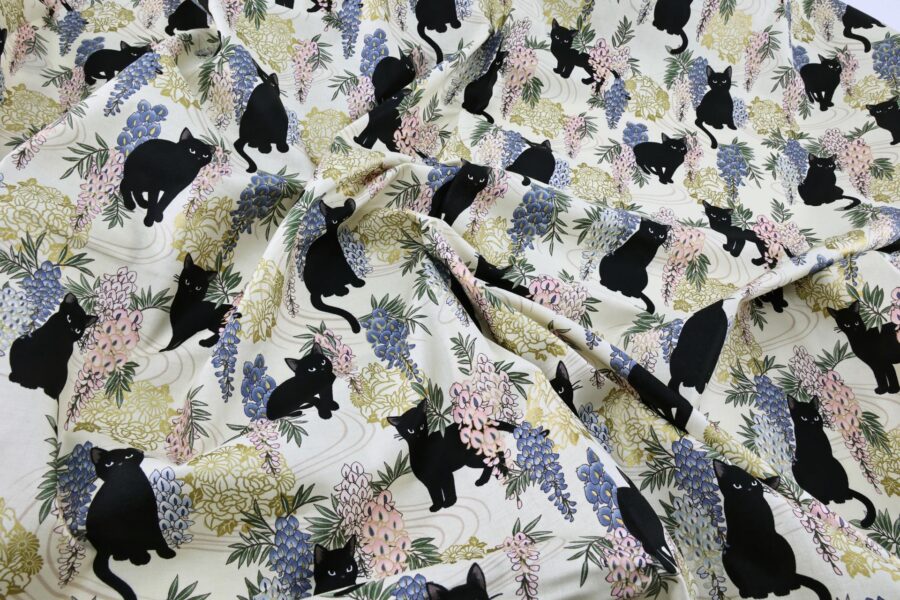 Black cat and Fuji flower fabric ivory background