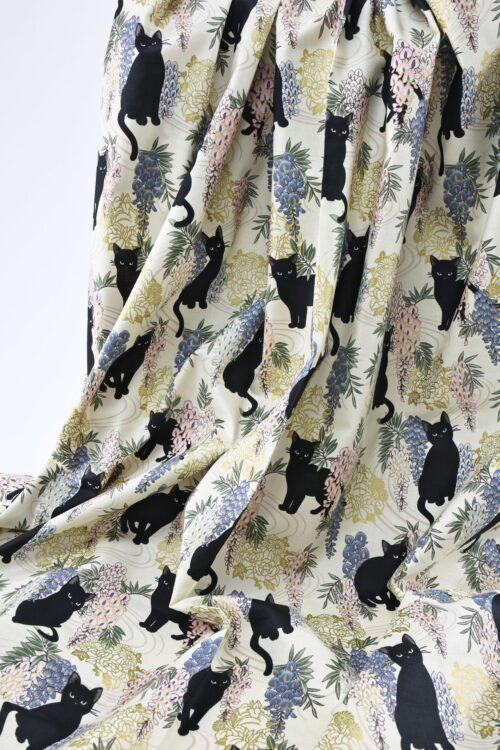 Black cat and Fuji flower fabric ivory background