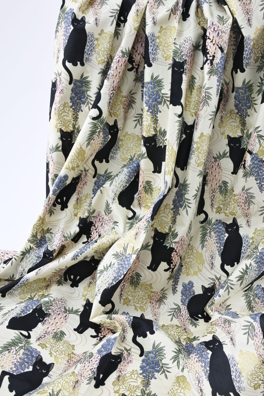 Black cat and Fuji flower fabric ivory background