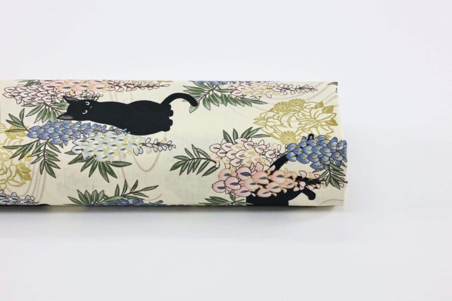 Black cat and Fuji flower fabric ivory background