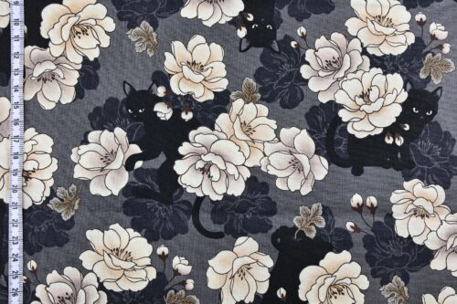 Black cat and peony fabric grey background