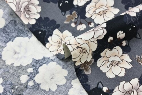 Black cat and peony fabric grey background