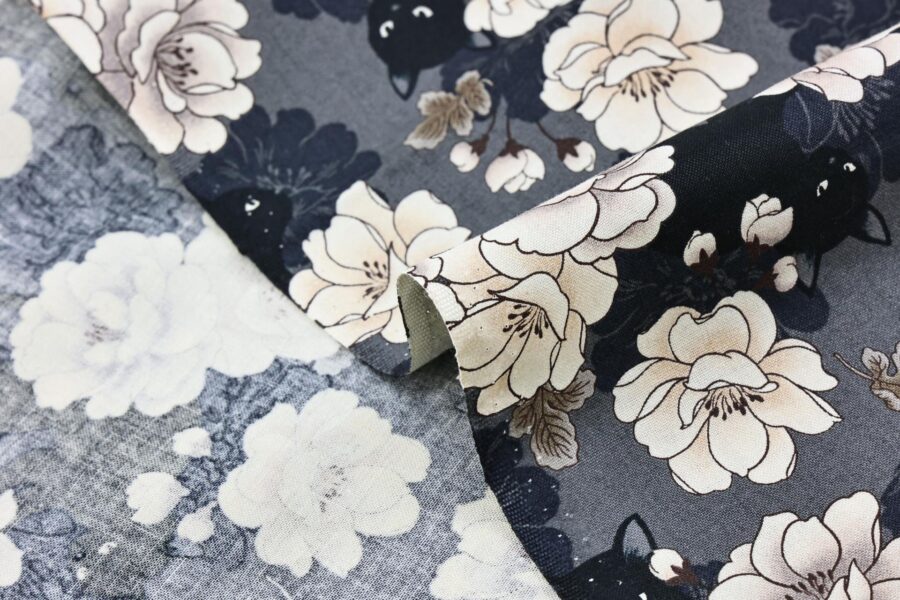 Black cat and peony fabric grey background