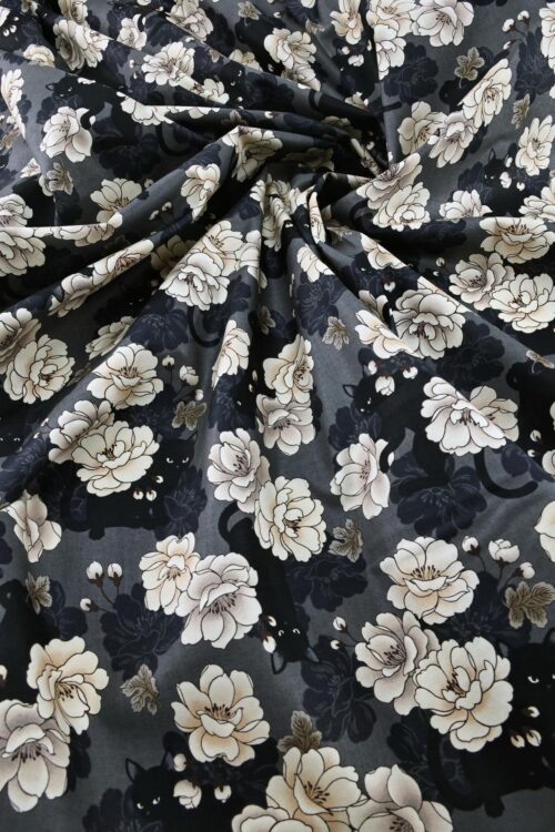 Black cat and peony fabric grey background