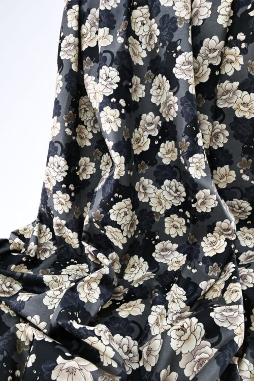 Black cat and peony fabric grey background