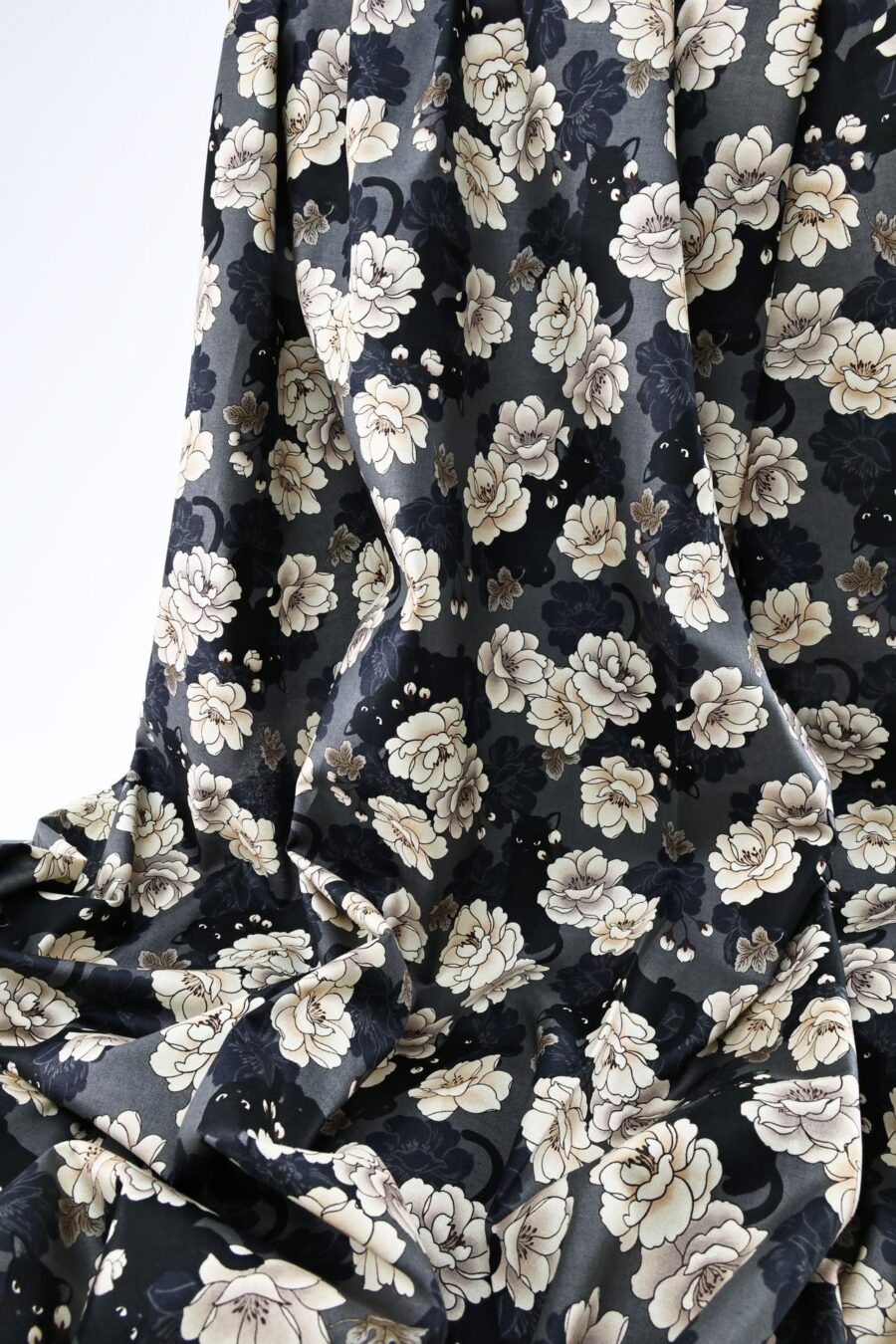 Black cat and peony fabric grey background
