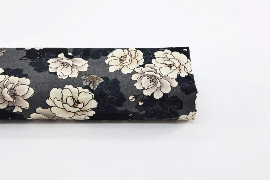 Black cat and peony fabric grey background