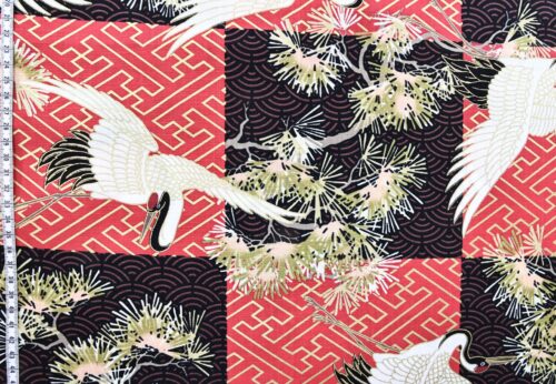 Japanese fabric Crane and red sayagata