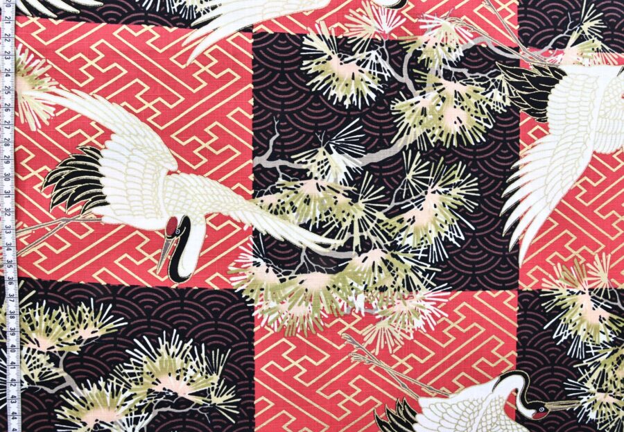 Japanese fabric Crane and red sayagata