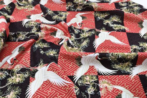 Japanese fabric Crane and red sayagata