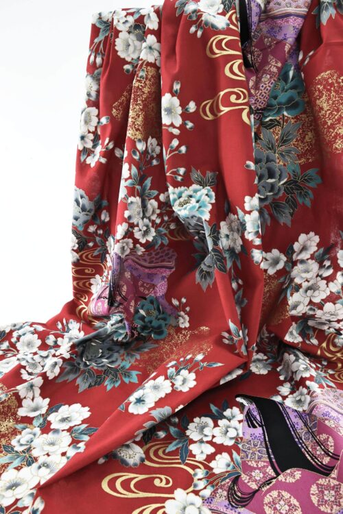 Japanese fabric Lady Murasaki colorful flowers red background