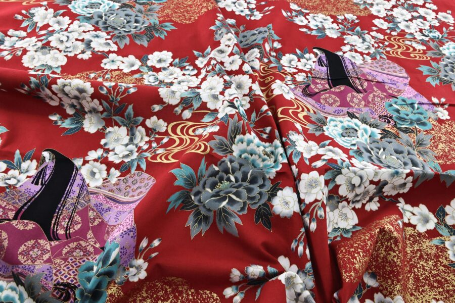 Japanese fabric Lady Murasaki colorful flowers red background