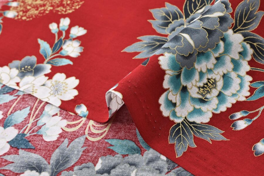 Japanese fabric Lady Murasaki colorful flowers red background