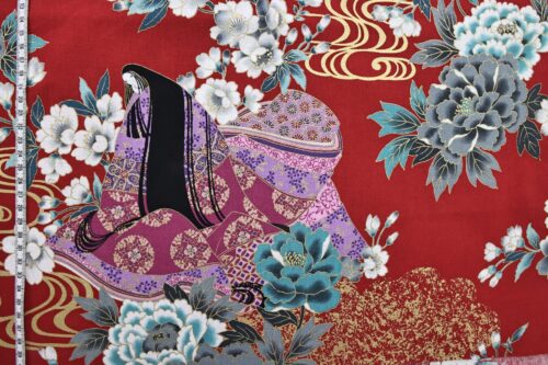 Japanese fabric Lady Murasaki colorful flowers red background