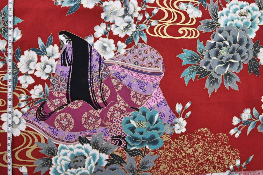 Japanese fabric Lady Murasaki colorful flowers red background