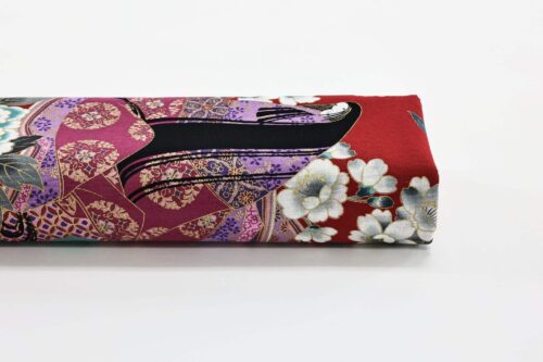 Japanese fabric Lady Murasaki colorful flowers red background