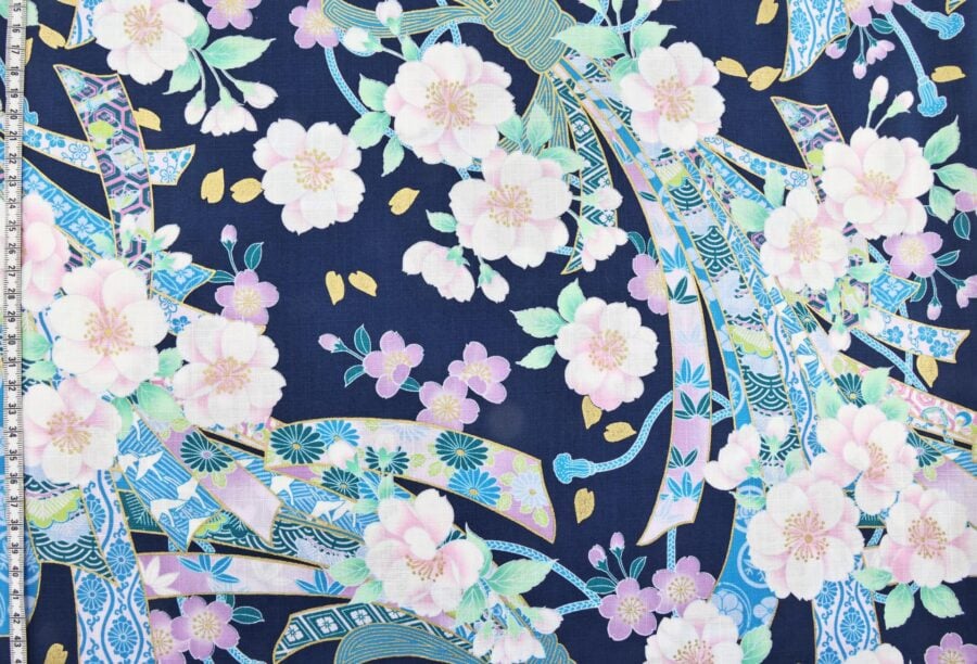 Japanese fabric Sakura Noshi on blue background