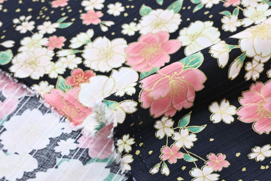 Japanese fabric golden cherry blossoms on black background