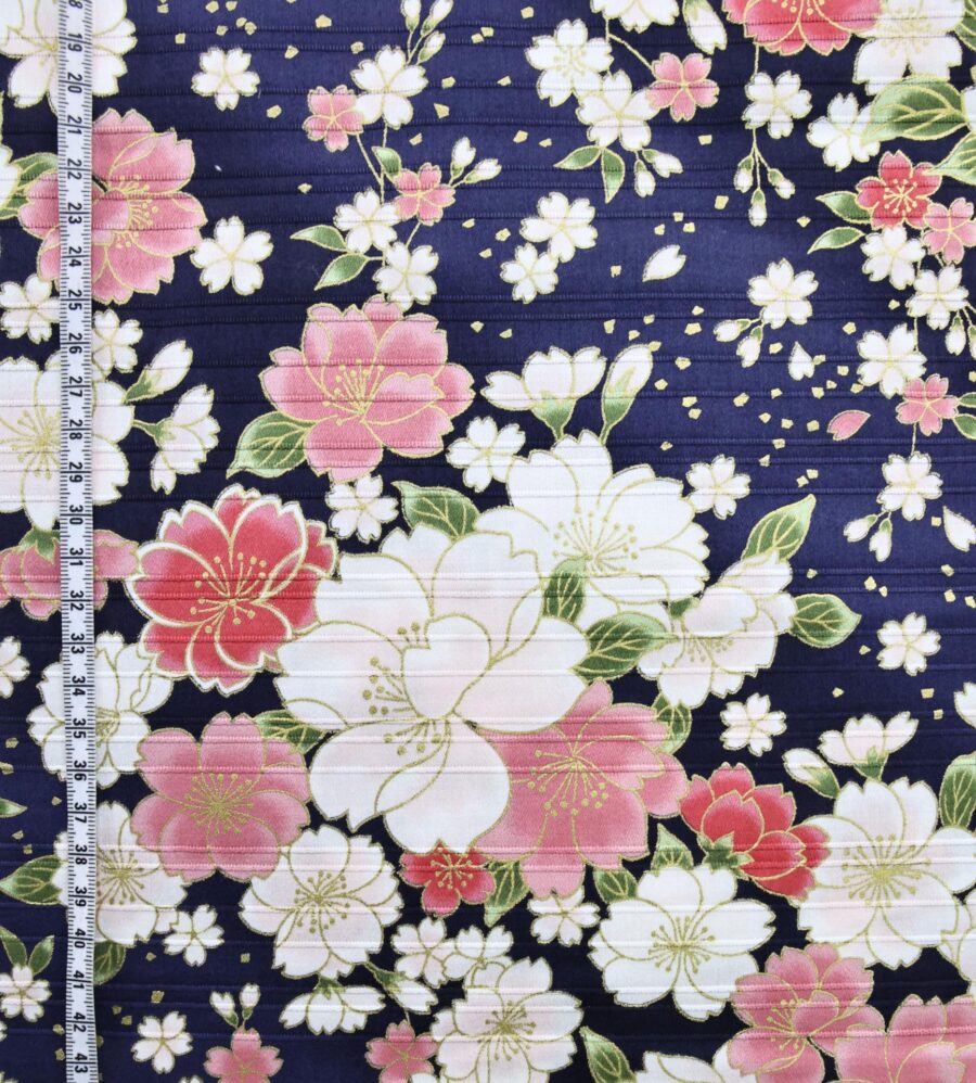 Japanese fabric golden cherry blossoms on blue background