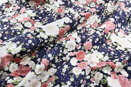 Japanese fabric golden cherry blossoms on blue background