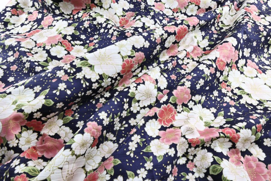 Japanese fabric golden cherry blossoms on blue background