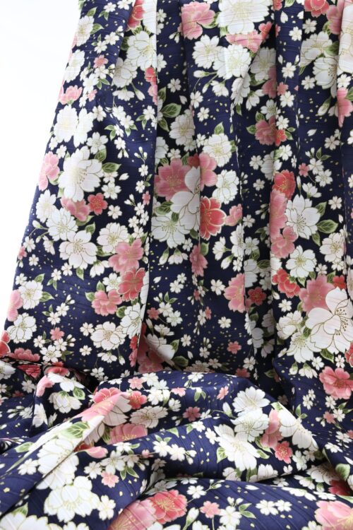 Japanese fabric golden cherry blossoms on blue background