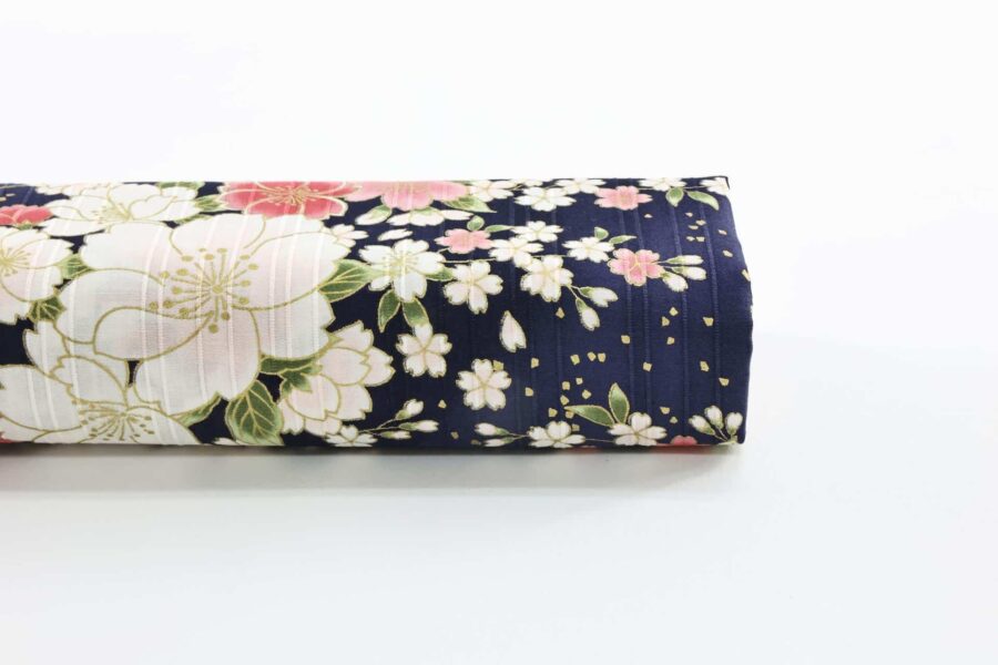 Japanese fabric golden cherry blossoms on blue background