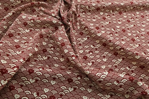 Maneki Neko seigaiha red beige fabric