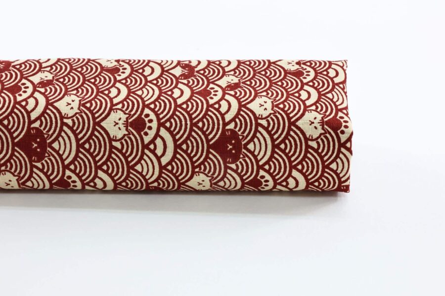 Maneki Neko seigaiha red beige fabric