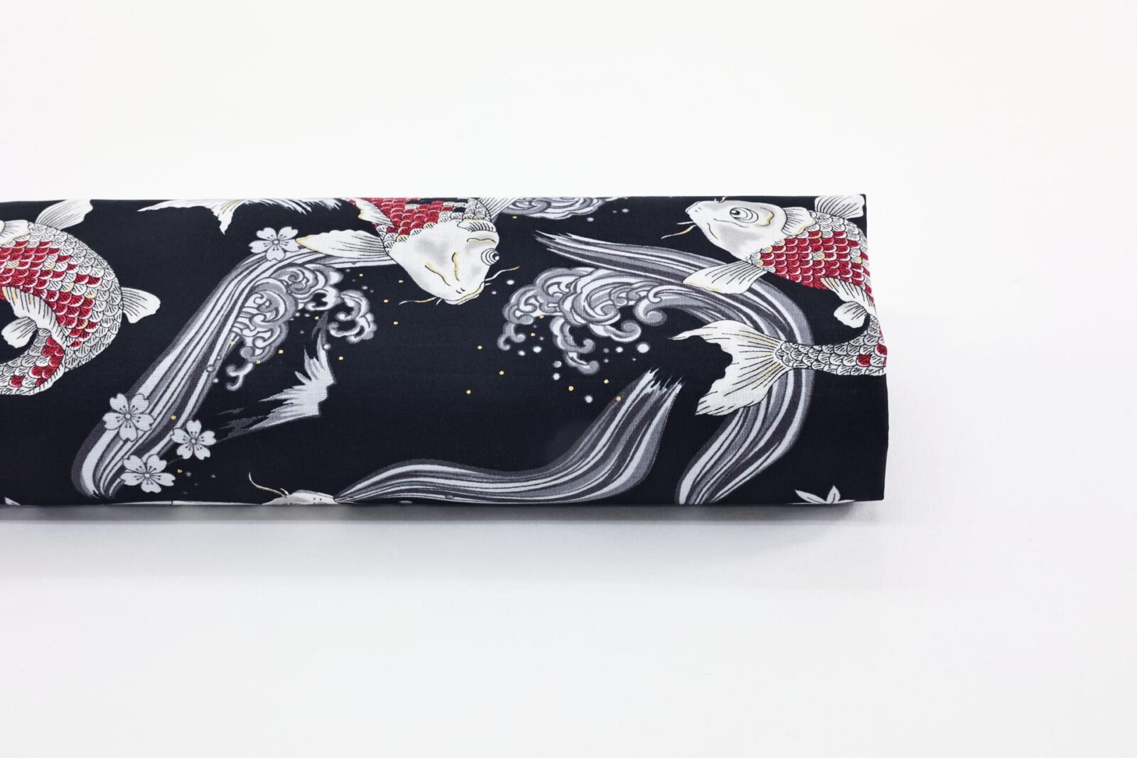 Fabric Koi Carp mount Fuji with wave black background
