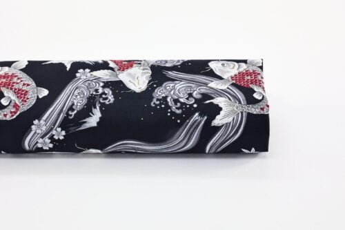Fabric Koi Carp mount Fuji with wave black background